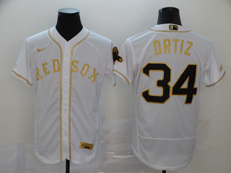 Men Boston Red Sox #34 Ortiz White Retro gold character Nike Elite MLB Jerseys